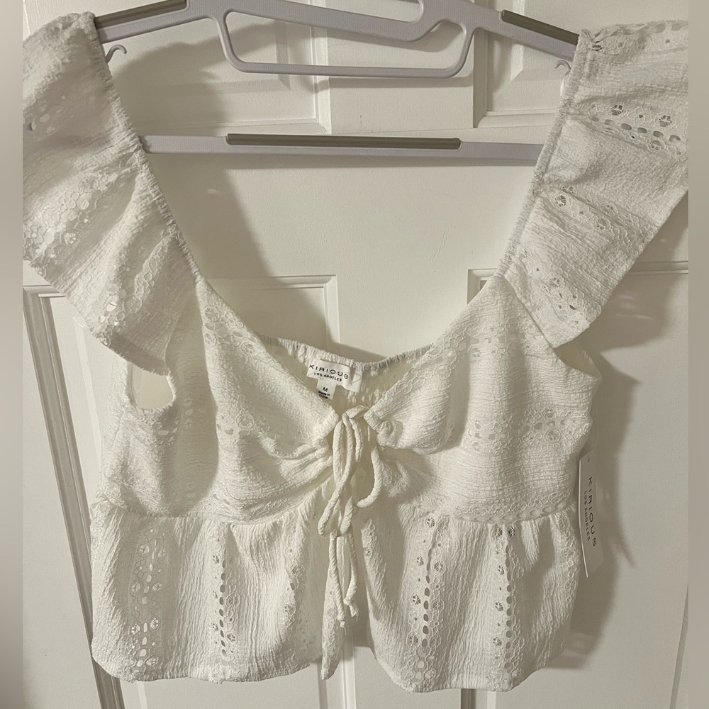 NEW Kirious Los Angeles white ruffle strap eyelet crop top babydoll Size Medium